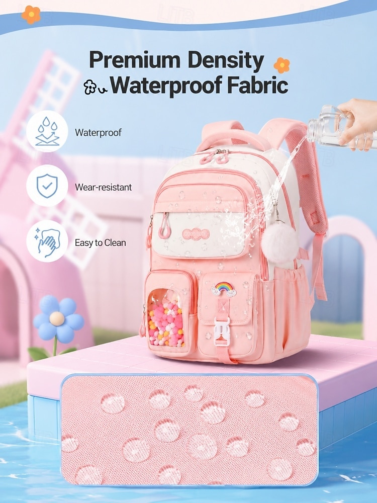 Girls School Backpack Set, Pink Waterproof Polyester Bookbag with Pencil Case, Large Capacity Multi-Pocket Student Backpack, Ergonomic Support, Travel & Daily Use, Grade 1-6 2026 - $42.99 –P6
