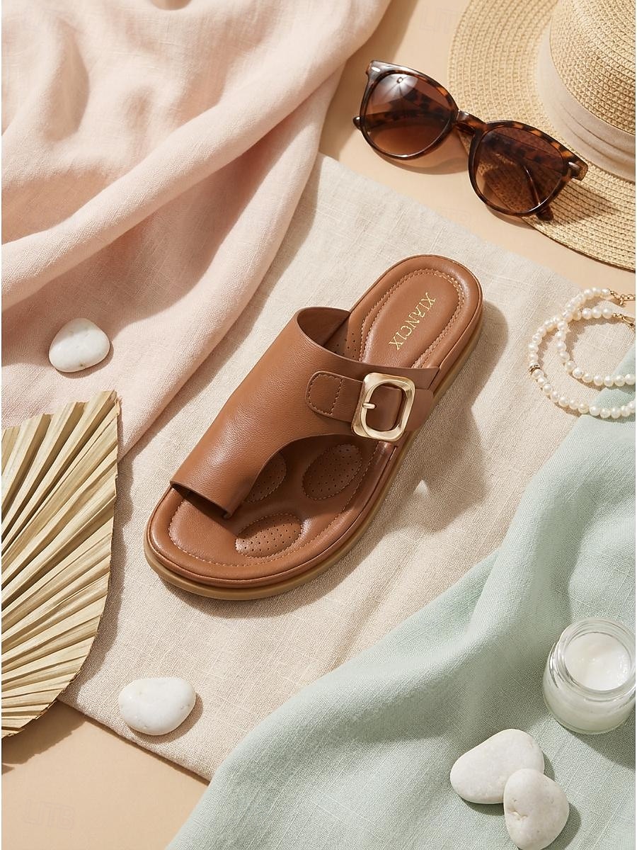 Women's Brown Buckle Comfort Slide Sandals – Cushioned Footbed Slippers, Open Toe Casual Summer Walking Sandals with Arch Support for All-Day Comfort, Travel, Vacation and Daily Wear 2026 - $32.99 –P3
