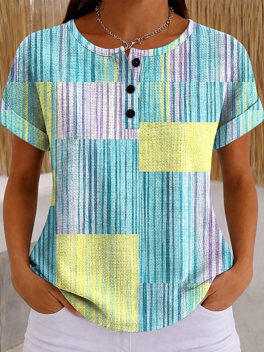 Women's T Shirt Color Block Print Graphic Geometric Plaid Vintage Stylish Classic Short Sleeve Crew Neck Long Tops Casual Daily Blue Pink Orange Green Summer Spring 2026 - $21.99 –P8