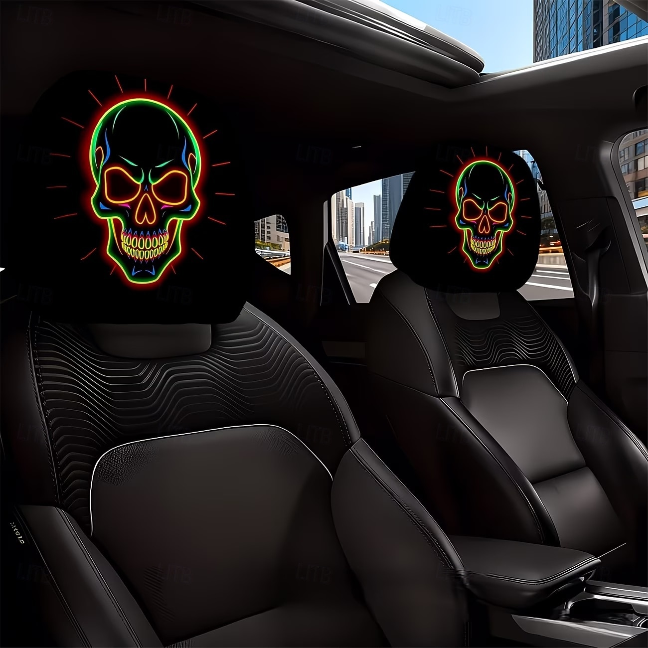 Fundas para reposacabezas de coche con cabeza de calavera fluorescente de neón (2/4 unidades), estampado de calavera de neón moderno y atractivo, decoración interior de coche personalizada, ajuste 2026 - $16.99 –P1
