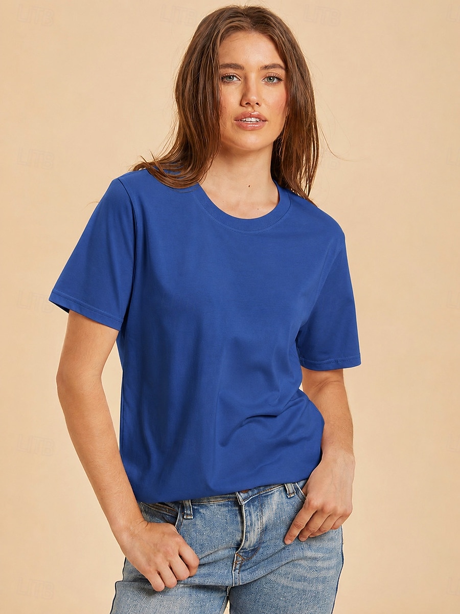 Women's T Shirt Cotton Shirt Tee Top Solid Color Fashion Stylish Basic Short Sleeve Crew Neck Regular Tops Casual Daily Going out Blue Khaki Black White Yellow Summer Spring 2026 - $19.99 –P22