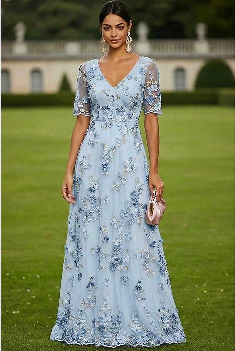 Linea ad A Abito Lunghezza al pavimento Vestito maxi Vestito da Festa Abito da Cocktail Abito da cerimonia per signora Manica Corta Scollo profondo Elegante Vintage Lussuoso Formale Ospite di nozze del 2026 a $182.99 –P5
