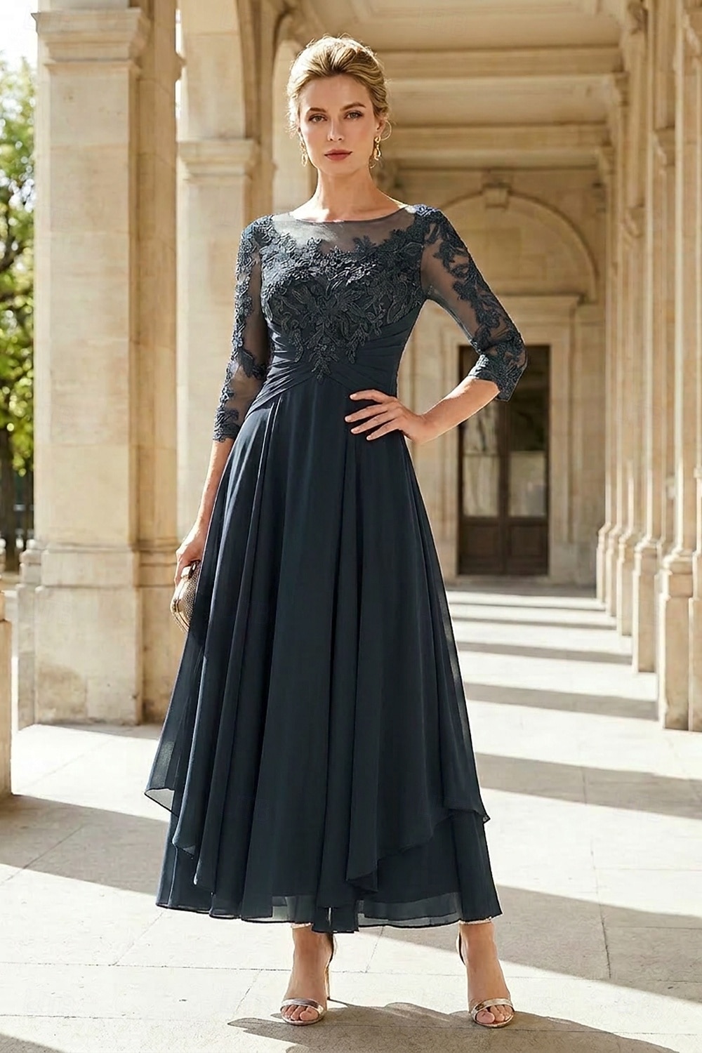 A-Line Ankle Length Party Dress Cocktail Dress Wedding Guest Dress Mother of the Bride Dress 3/4 Length Sleeve Jewel Neck Elegant Plus Size Wedding Guest Wedding Party Chiffon Lace with Ruched Sequin 2026 - $195.99 –P10