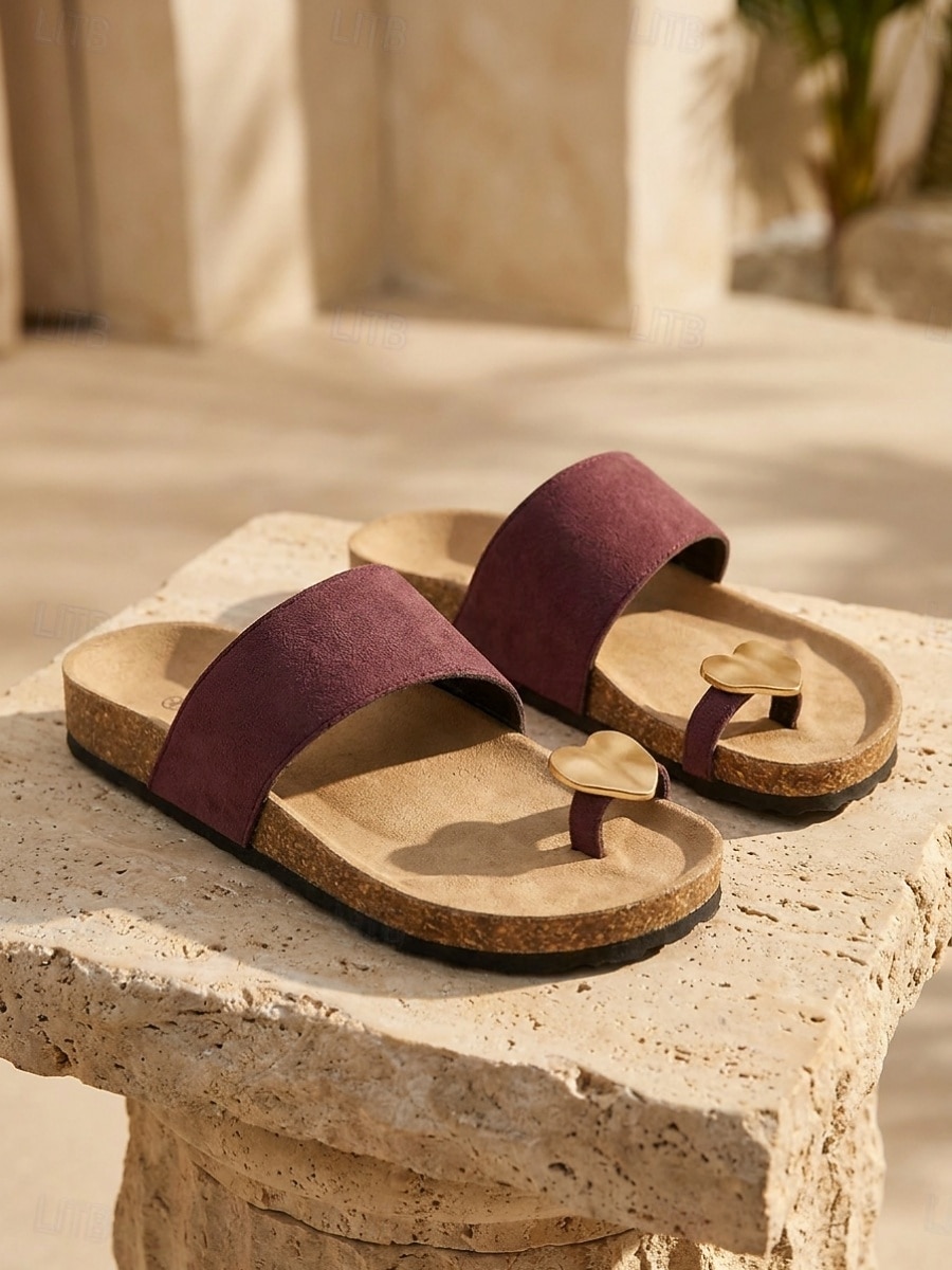 Damessandalen met bordeauxrode metalen teenring – comfortabele slippers met voorgevormd voetbed voor platte voeten, ideaal voor op reis. &zomerse vrijetijdskleding 2026 - $24.99 –P1