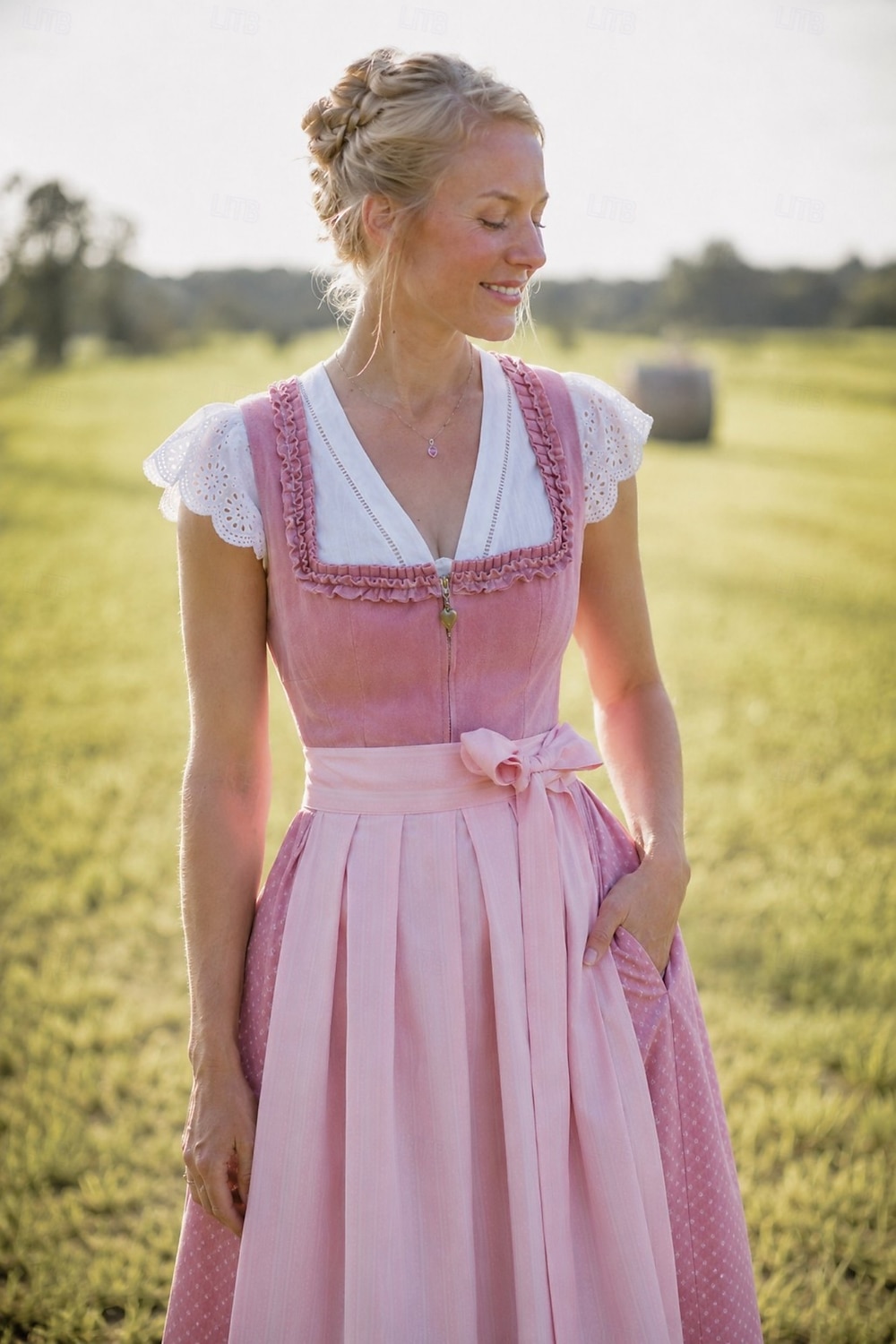 Oktoberfest Dirndl Dress Midi Length with Pockets Balconette Neckline Maid Bavarian German Alpine Wiesn Women's Carnival Beer Festival Traditional Style Cloth (65CM) Without Blouse 2026 - $100.99 –P5