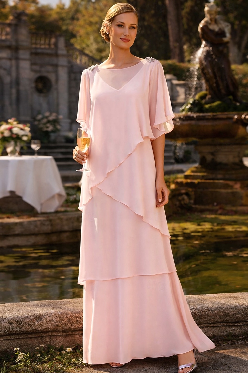 Linea ad A Lunghezza al pavimento Abito da invitata a nozze Abito Formale Abito a Strati Abito da cerimonia per signora Mezza Manica Girocollo Elegante Formale Ospite di nozze Chiffon con Volant del 2026 a $183.99 –P1