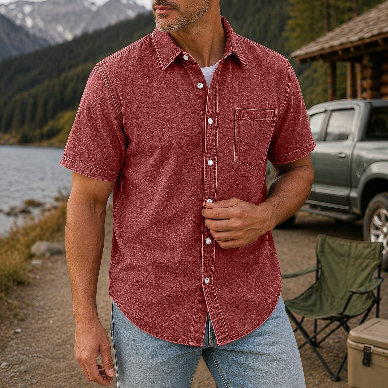 SoftFade™ Men Shirt Casual Shirt Demin Shirt Acid Wash Shirt Garment Dyed Black Light Green Burgundy Navy Blue Purple Short Sleeve Plain Shirt Collar Casual Daily Button-Down Clothing 2026 - $31.99 –P1
