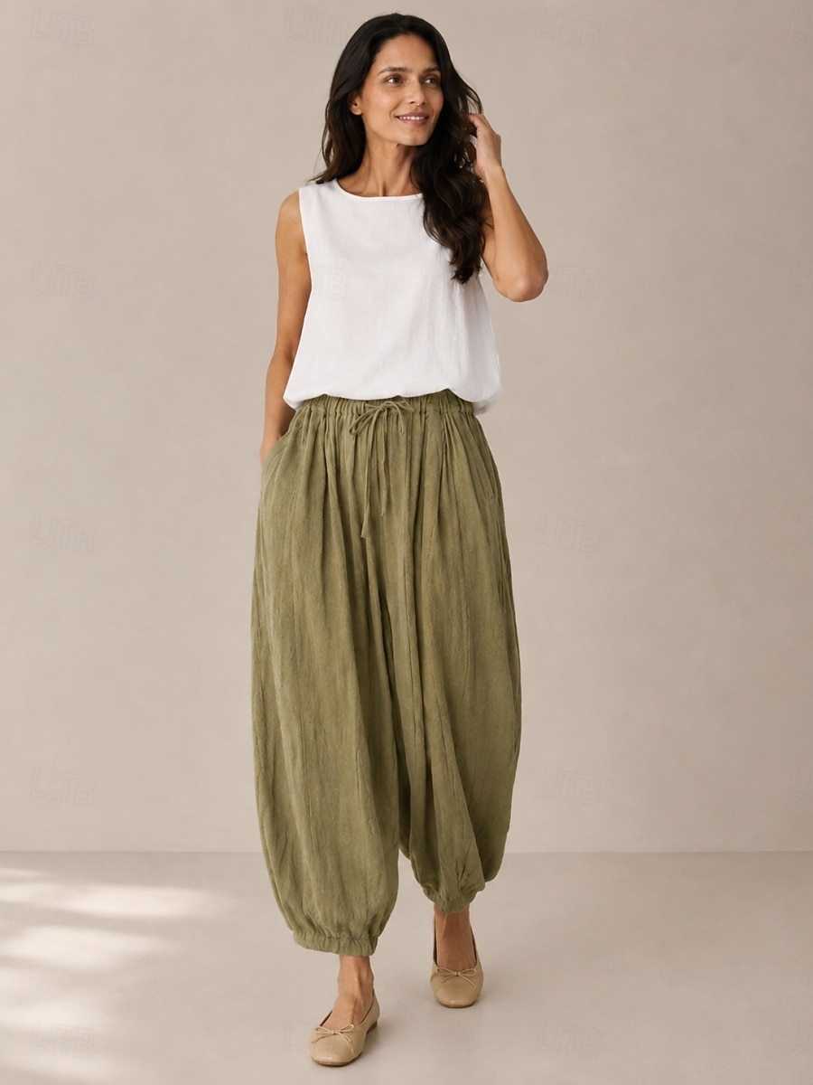 Calça lanterna feminina de linho orgânico com cintura elástica e bolsos. de 2026 por $49.99 –P3