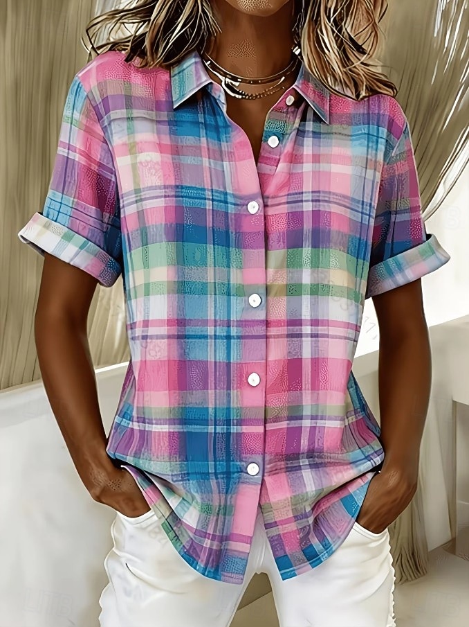 Mujer Camisa Botones Estampado Graphic Plaid A Rayas Vintage Diario Elegante Manga Corta Cuello Camisero Tops largos Casual Diario Azul Piscina Blanco Rosa Morado Naranja Verano Primavera 2026 - $26.99 –P5
