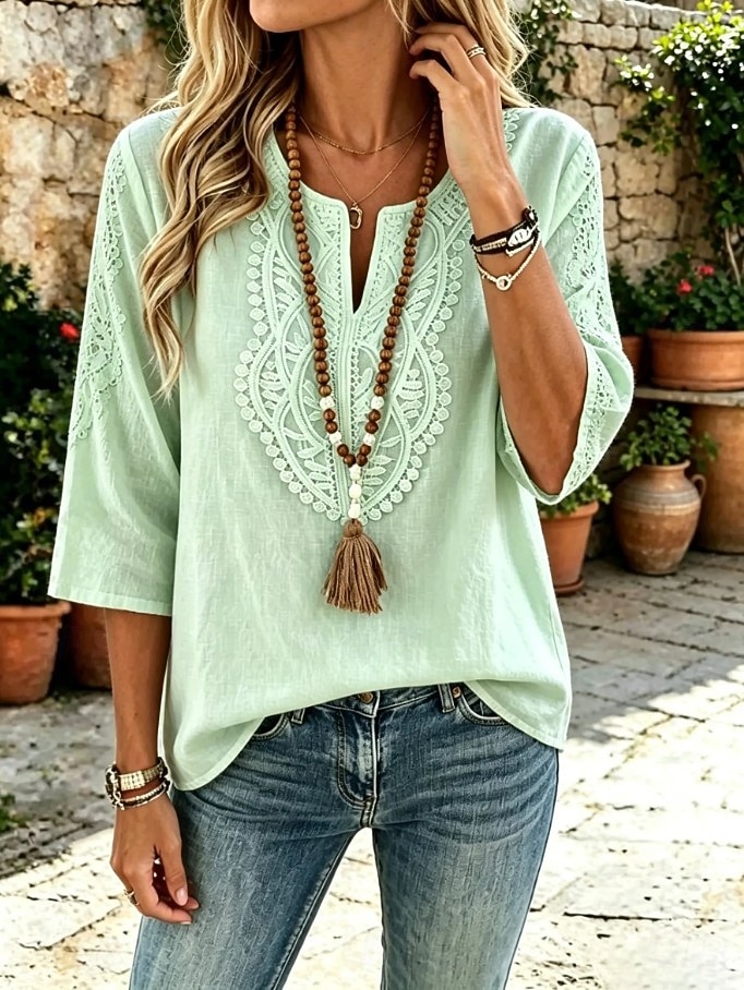 Damen Hemd Boho-Hemd Spitzenbluse Elegant Bohemien Urlaub Dreiviertelarm Lange Oberteile Lässig Täglich Ferien Blau Weiß Khaki Rosa Rote Sommer Frühling 2026 - $24.99 –P3