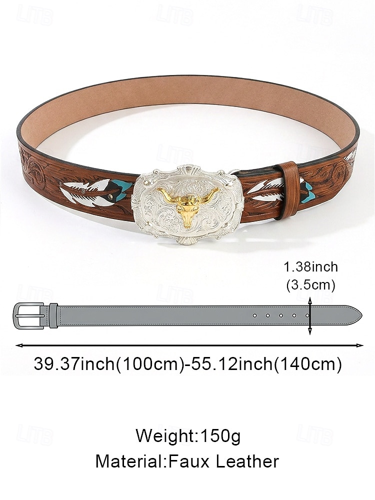 Men's Embossed Faux Leather Western Cowboy Belt with Bull Head Buckle, Vintage Brown Adjustable Length Rodeo Style Waist Belt for Jeans, Biker, Outdoor Wear 2026 - $14.99 –P7