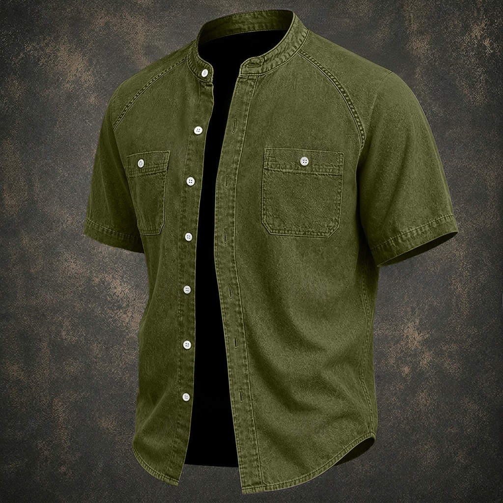 SoftFade™ Men Shirt Casual Shirt Button Up Shirt Cotton Acid Wash Shirt Black Light Green Pink Purple khaki Short Sleeve Plain Grandad Collar Casual Daily Front Pocket Clothing Apparel Elegant Fashion 2026 - $31.99 –P9