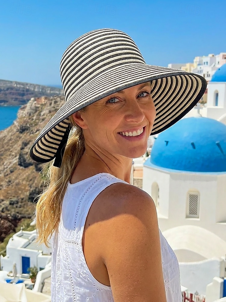 Women's Striped Foldable Sun Hat, Wide Brim Polyester Beach Hat for Women, Packable Summer Travel Vacation Cap, Elegant UV Protection Hat 2026 - $11.99 –P1