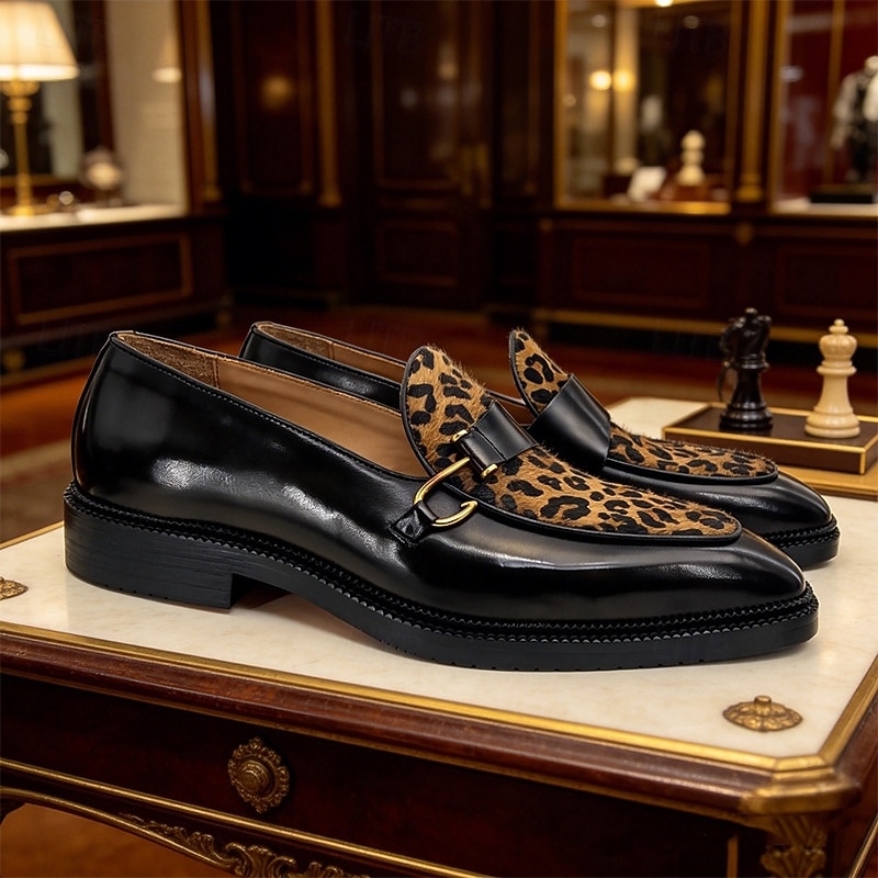 Męskie mokasyny z nadrukiem w panterkę, wsuwane buty wizytowe, modne buty na wesele, do klubu, na wieczorne imprezy 2026 - $109.99 –P3