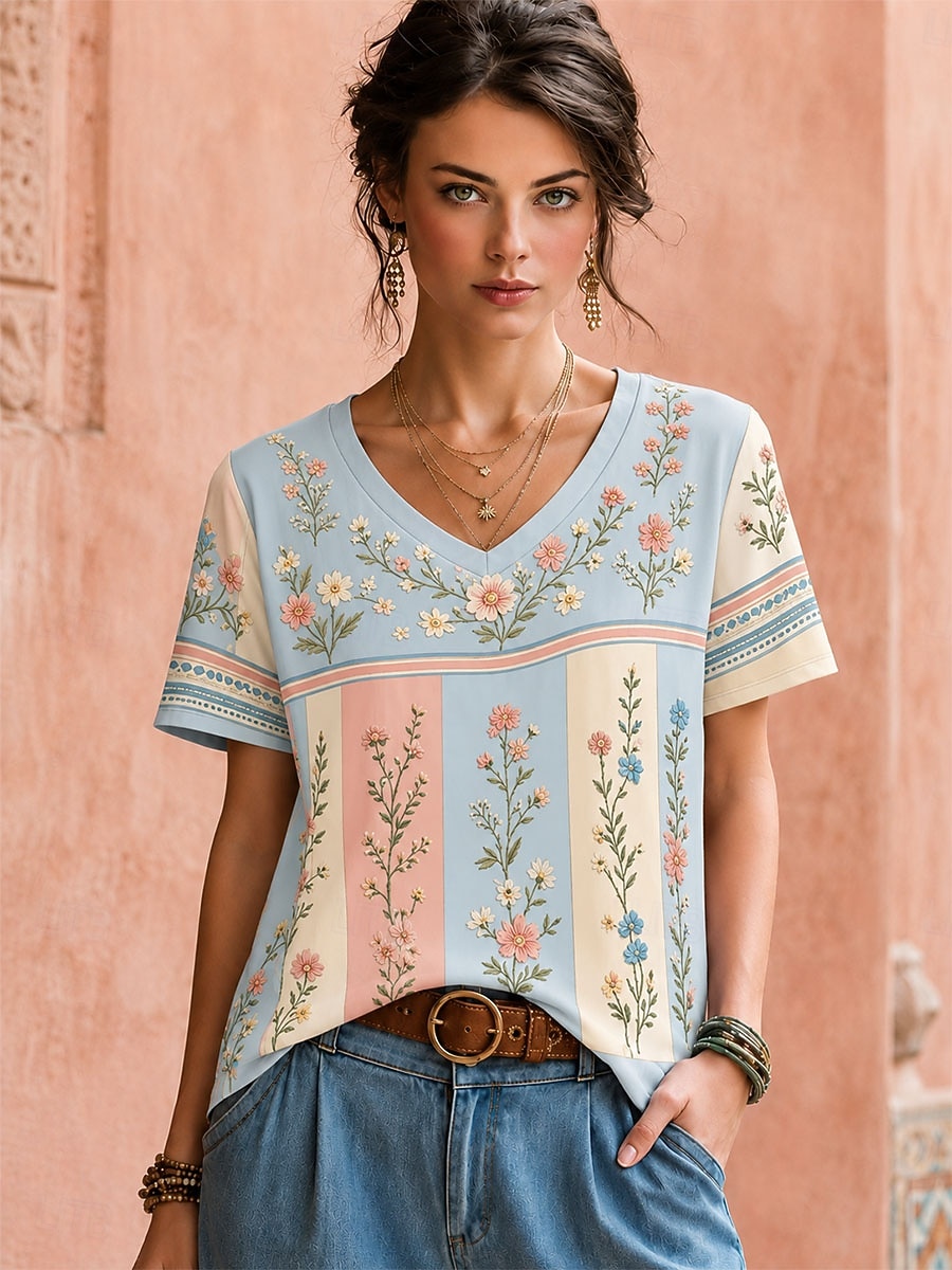 Per donna Maglietta bohémien Top estivi Floreale Grafico Piante Elegante Bohemien Vintage Manica Corta Scollo a V Top Regolari Casuale Quotidiano Sportivo Blu Bianco / Rosa Albicocca rosa Estate del 2026 a $21.99 –P1