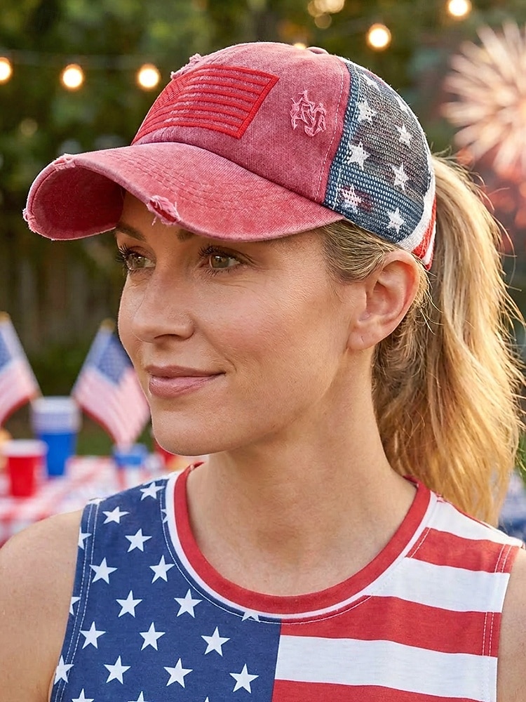 Boné de beisebol feminino patriótico com abertura para rabo de cavalo, algodão lavado. &Boné trucker ajustável em tela, boné de verão multicolorido com a bandeira dos EUA para o 4 de julho, boné para de 2026 por $14.99 –P1