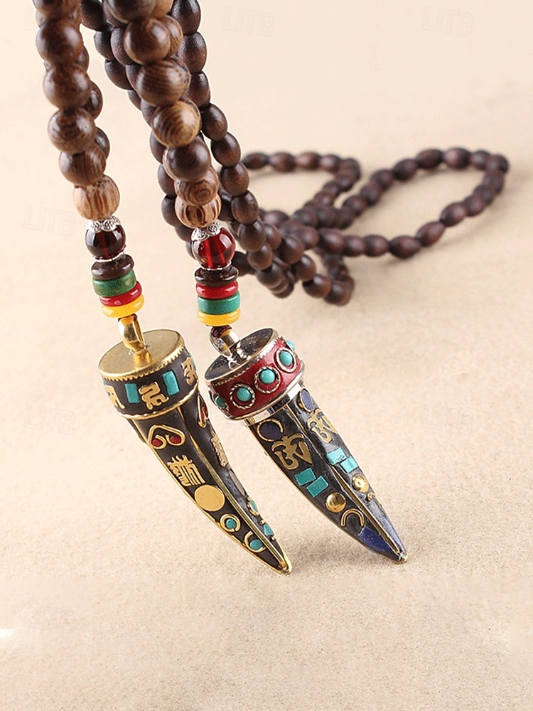 Collar con colgante de cuerno en forma de media luna de estilo bohemio para hombre, cadena larga de cuentas de madera, aleación étnica tribal. &Collar llamativo de cuentas de madera, joyería vintage 2026 - $11.99 –P6
