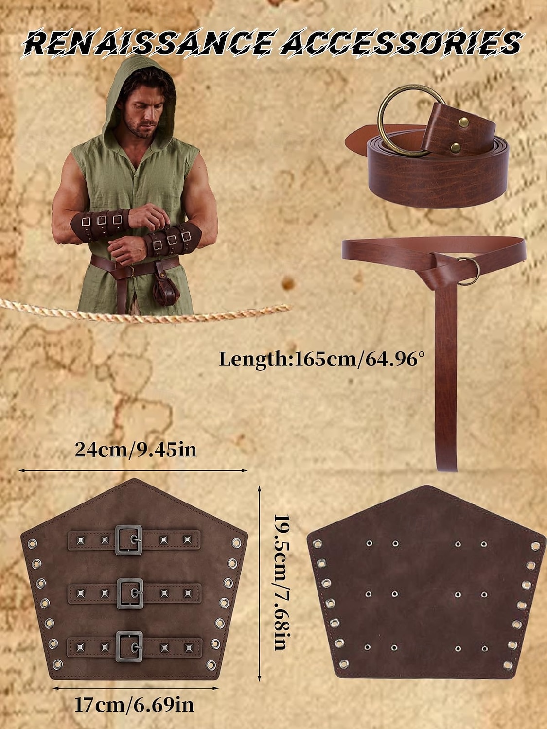 Set Retro Vintage Mittelalterlich Renaissance Weste Taillengürtel Armschützer mit Zubehör Ärmellos Ritter Ranger Kostüm Herren Fantasie Halloween Karneval Renaissance-Messe LARP Erwachsene Weste 2026 - $46.99 –P3
