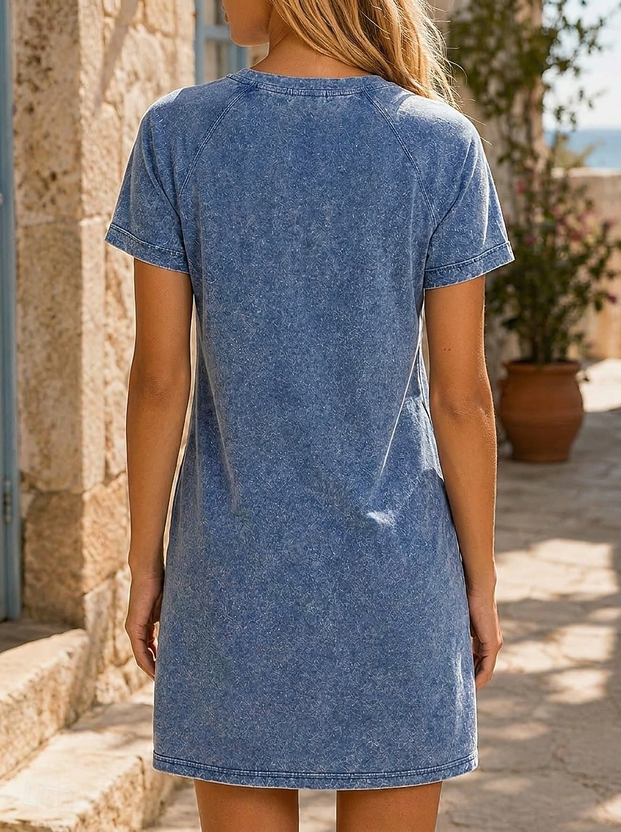 Per donna Abito al ginocchio Abito lavato 100% cotone Essenziale Classico Quotidiano Vacanza Vestibilità regolare Semplice Manica Corta Girocollo Blu Estate Primavera del 2026 a $28.99 –P2