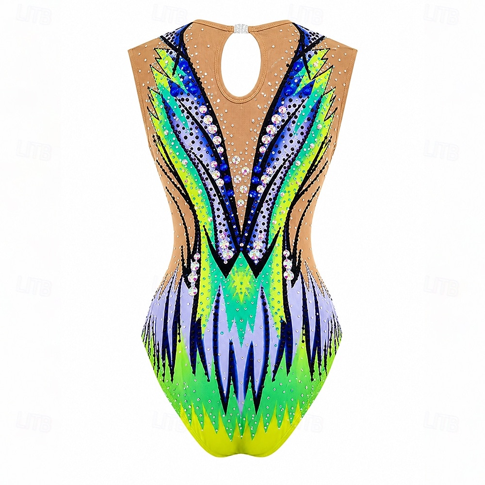 Figure Skating Leotard Women's Ice Skating Figure Skating Leotard Blue+Green Patchwork Stretchy Training Competition Skating Wear Classic Crystal / Rhinestone Sleeveless Ice Skating Figure Skating 2026 - $298.19 –P2