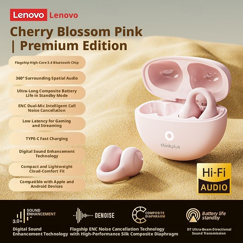 Lenovo ThinkPlus open-ear hoofdtelefoon, Bluetooth 5.4 draadloze clip-on oordopjes met luchtgeleiding, 360° ACS hifi stereo draadloze oordopjes met ENC ruisonderdrukkende microfoon, 24 uur 2026 - $35.99 –P14
