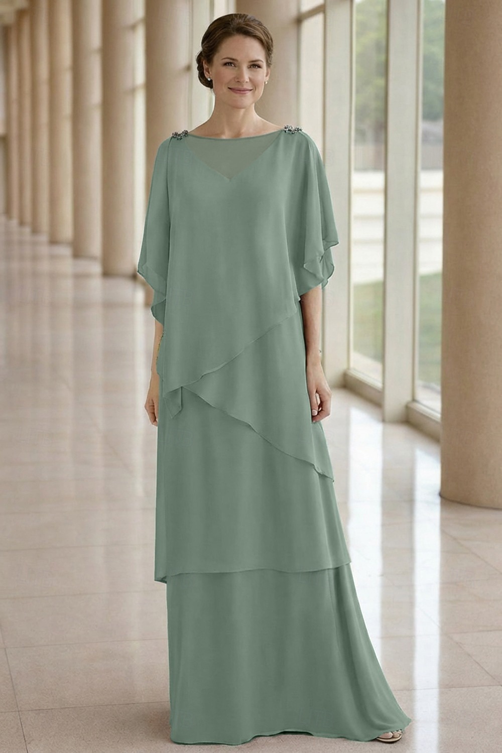 Linea ad A Lunghezza al pavimento Abito da invitata a nozze Abito Formale Abito a Strati Abito da cerimonia per signora Mezza Manica Girocollo Elegante Formale Ospite di nozze Chiffon con Volant del 2026 a $183.99 –P11