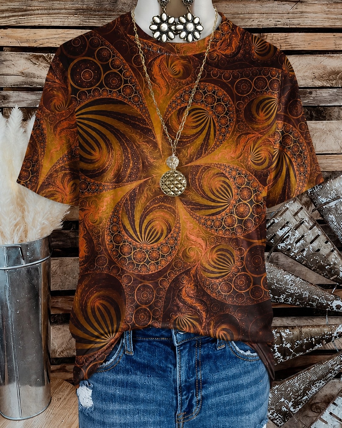 Camiseta de mujer estilo western boho con estampado floral, gráfico geométrico, vintage, elegante, informal, manga corta, cuello redondo, cuello en V, crop tops, casual, diario, fin de semana, verde 2026 - $21.99 –P3