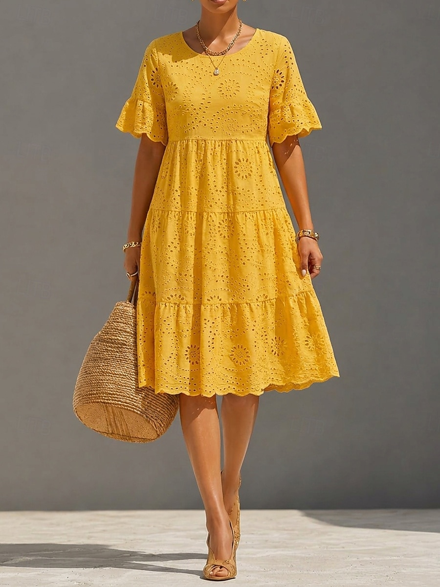 Per donna Abito Midi Abito in Pizzo Abito a trapezio Casual Quotidiano Uscire Vestibilità regolare Semplice Manica Corta Girocollo Bianco Giallo Rosa Azzurro cielo Estate Primavera del 2026 a $41.99 –P7
