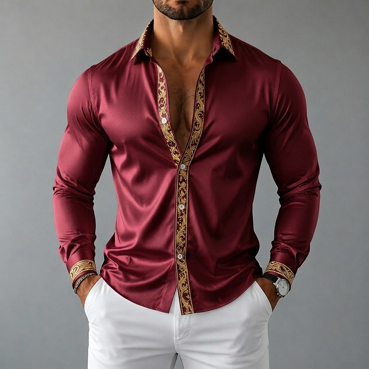 Homens Camisa Social Blusa de cetim Saia camisa de botão Camisa de formatura Gradiente Festa Casamento Preto Branco Vermelho Azul Manga Longa Aberto para a Lateral Todas as Estações Roupa de 2026 por $26.99 –P1