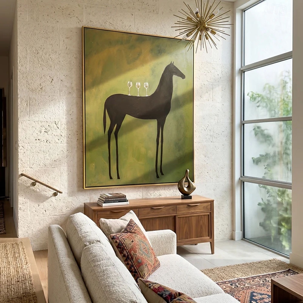 Hand painted Modern Abstract Animal paintings Horse Art Original Surreal Horse Painting with Martini Glasses Olive Green Minimalist Black Animal Wall Art 2026 - $118.99 –P2