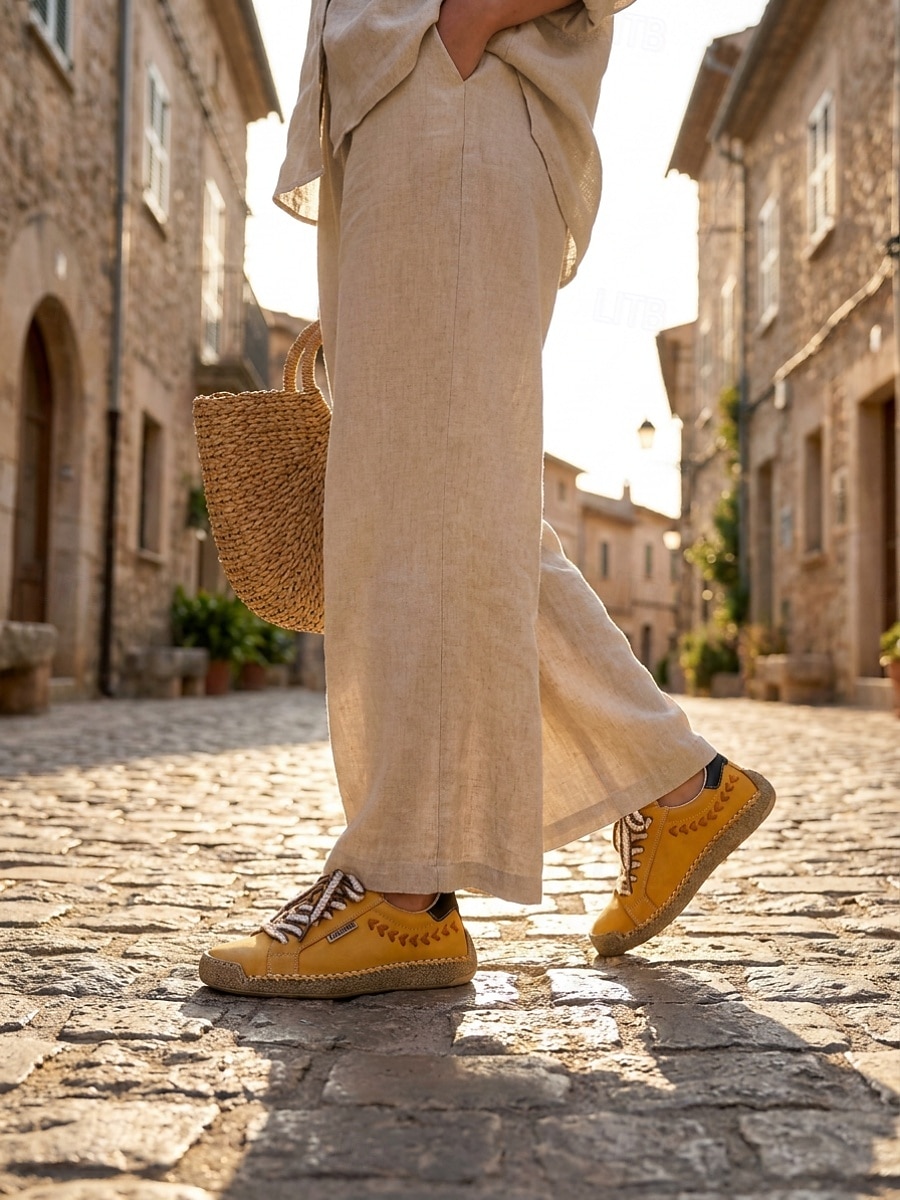 Women's Yellow Handcrafted Retro Casual Sneakers – Embroidery Lace-up Walking Shoes with Non-slip Sole for Travel, Outdoor Walking & Everyday Wear 2026 - $42.99 –P6