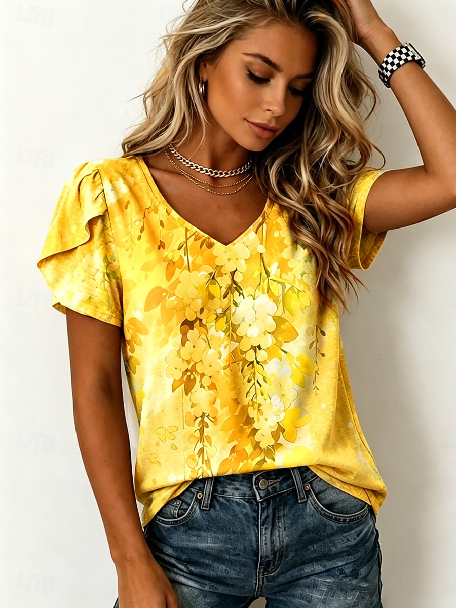Women's Blouse Print Floral Graphic Vintage Daily Stylish Short Sleeve V Neck Regular Tops Casual Daily Yellow Pink Green Summer Spring 2026 - $21.99 –P3