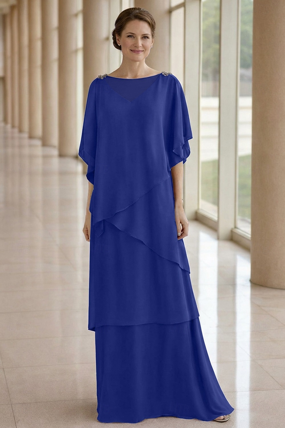 Linea ad A Lunghezza al pavimento Abito da invitata a nozze Abito Formale Abito a Strati Abito da cerimonia per signora Mezza Manica Girocollo Elegante Formale Ospite di nozze Chiffon con Volant del 2026 a $183.99 –P8