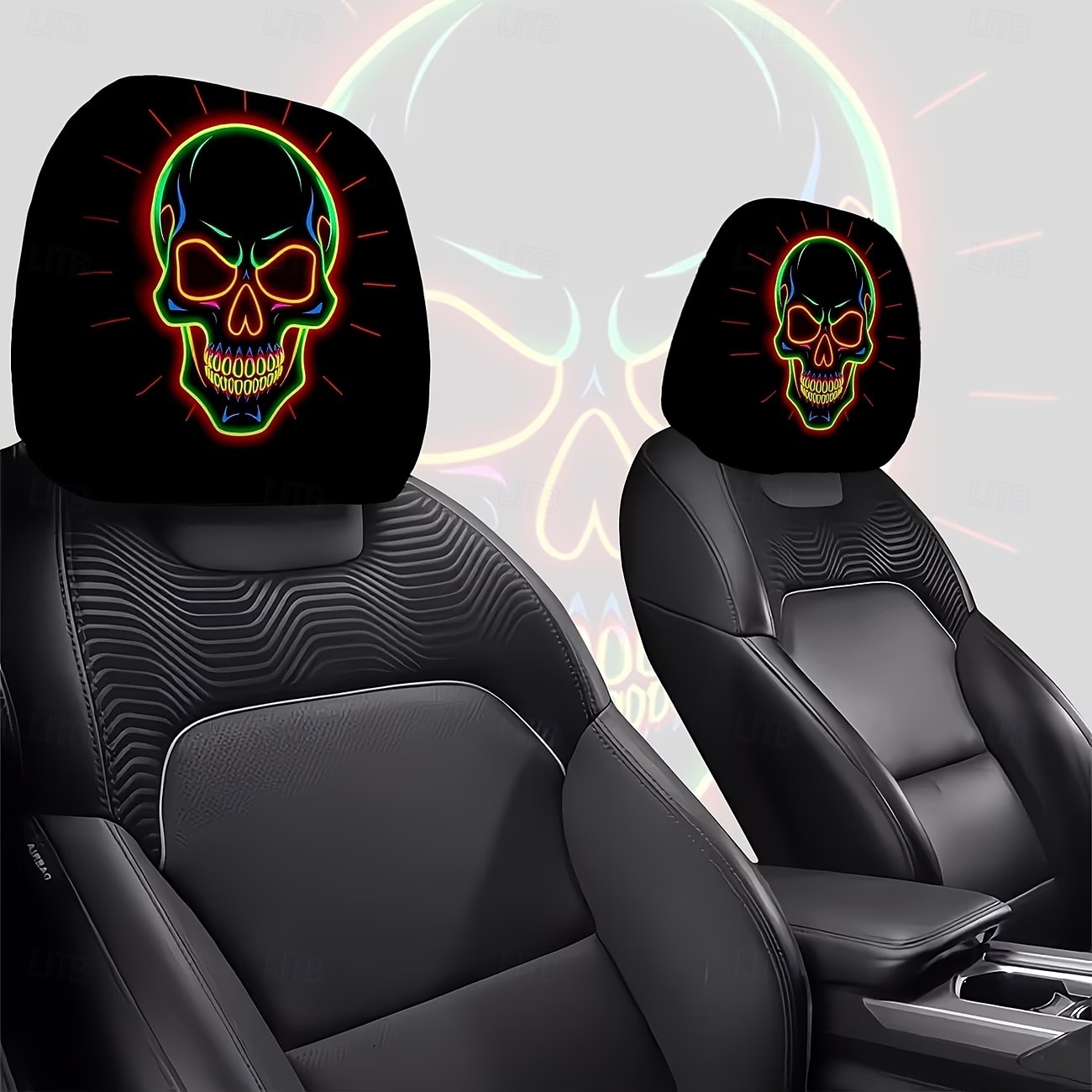 Fundas para reposacabezas de coche con cabeza de calavera fluorescente de neón (2/4 unidades), estampado de calavera de neón moderno y atractivo, decoración interior de coche personalizada, ajuste 2026 - $16.99 –P6