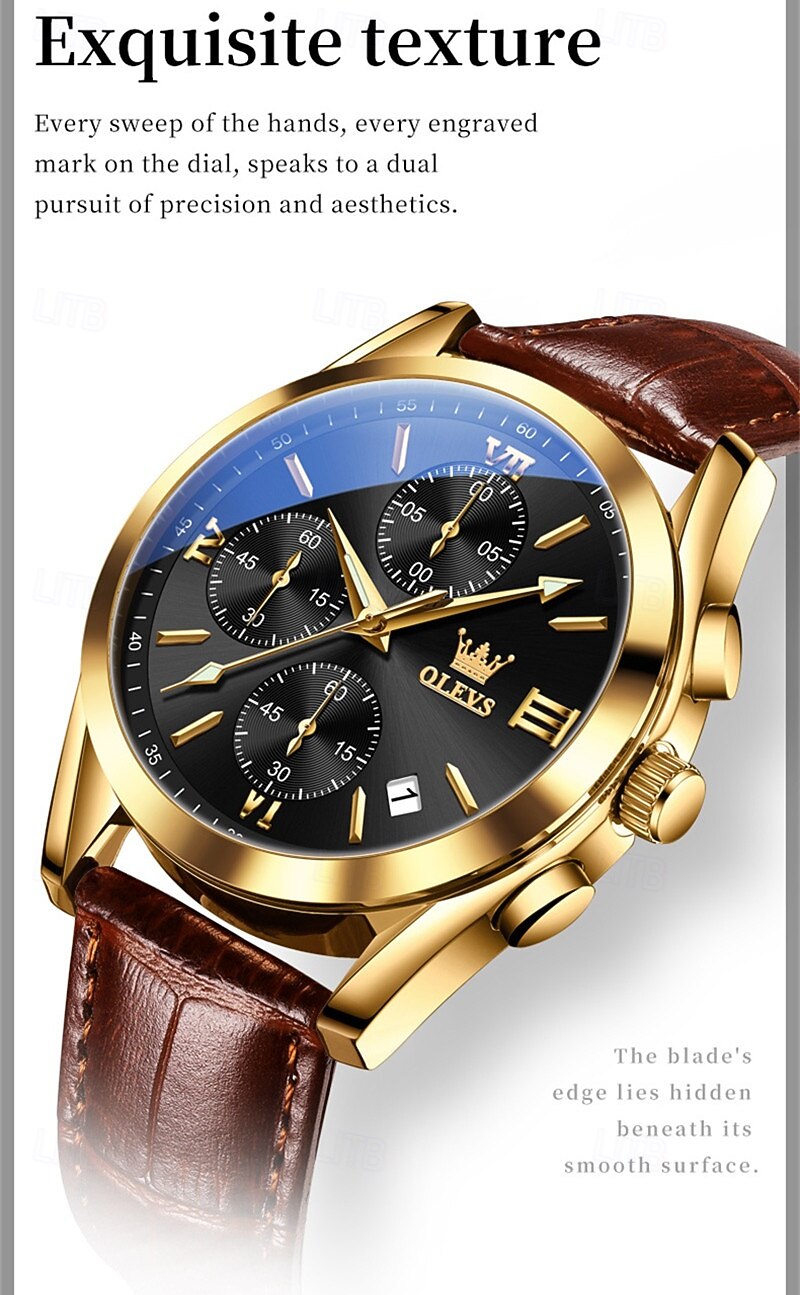 OLEVS Men's Luxury Watch Black Leather Strap Chronograph Waterproof Luminous Analog Quartz Wristwatch with Date Business Fashion Dress Watches for Men Gifts 2026 - $42.99 –P4