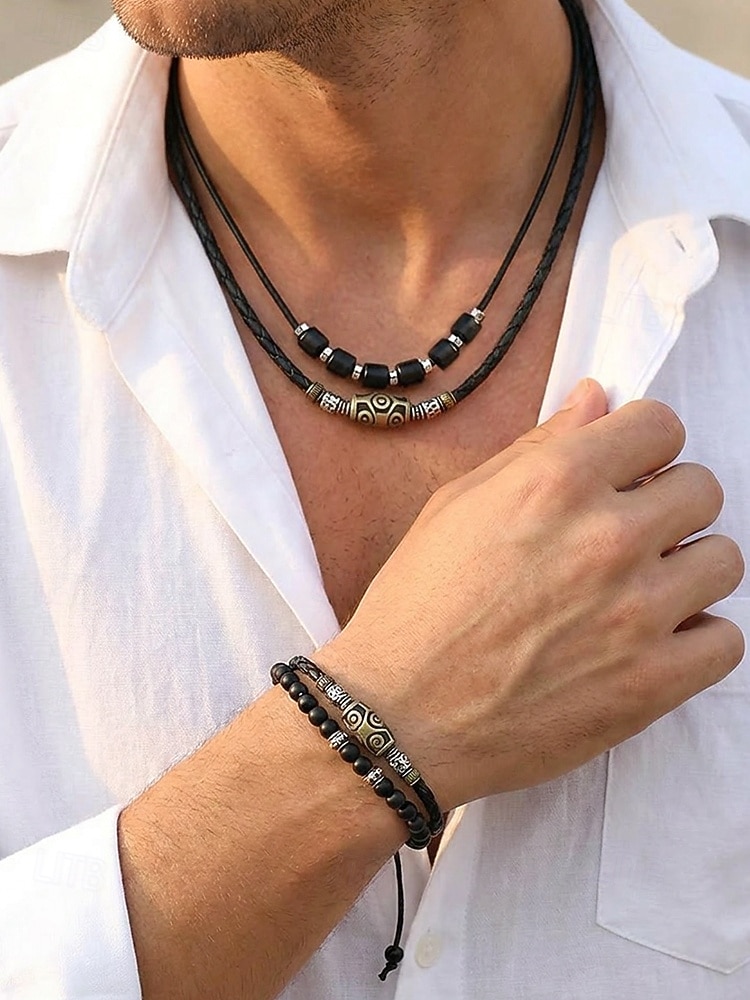 Men's Bohemian Necklace and Bracelet Set, Black Leather Beaded Jewelry, Antique Metal Accents, Summer Casual Accessory for Men, Perfect for Vacation, Festival, Daily Wear, Multiple Uses 2026 - $14.99 –P3