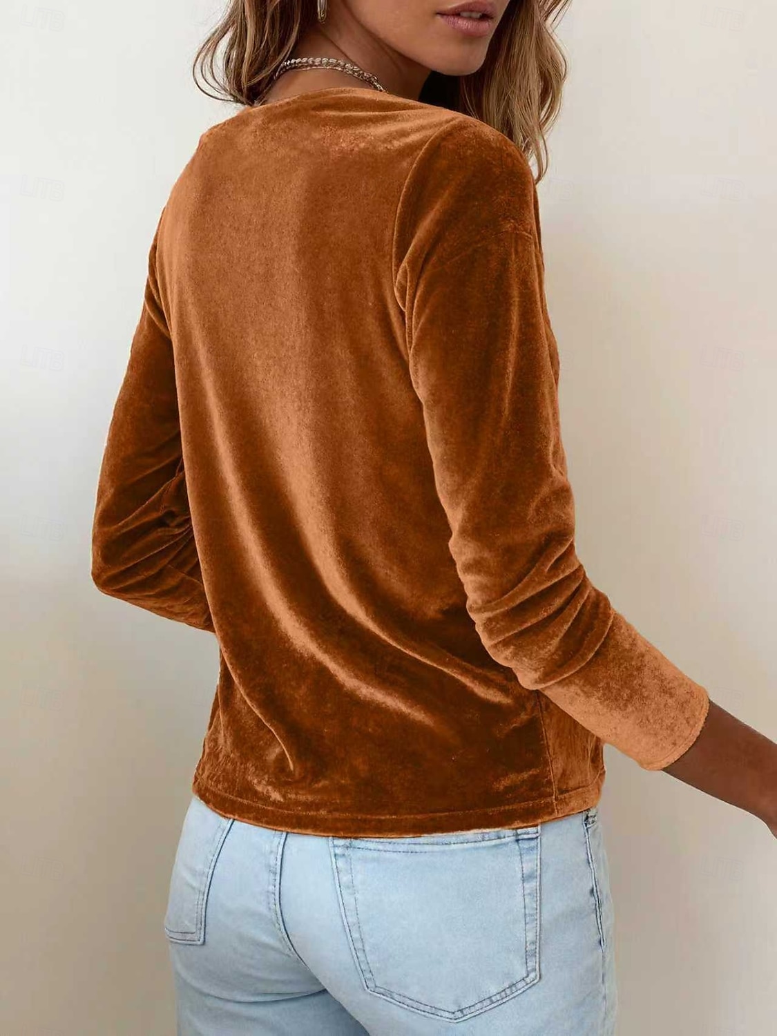 Damesblouse van fluweel met colkraag en lange mouwen, elegante raglanmouwen, zachte velours, casual, chique tuniek. 2026 - $24.99 –P2