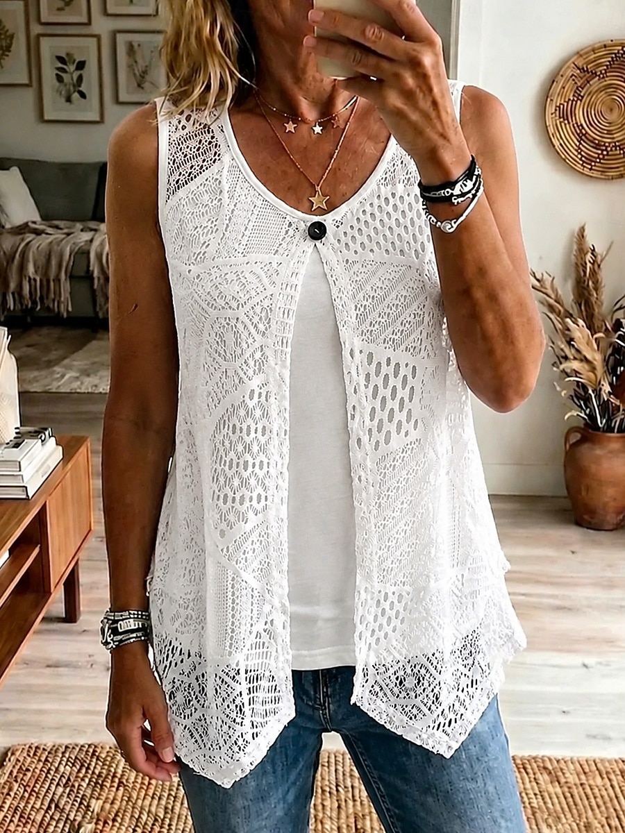 Mulheres Malha Íntima Renda Tecido à moda Casual Sem Manga Gola Redonda Tops regulares Casual Diário Branco Rosa Rosa empoeirada Verão Primavera de 2026 por $24.99 –P2