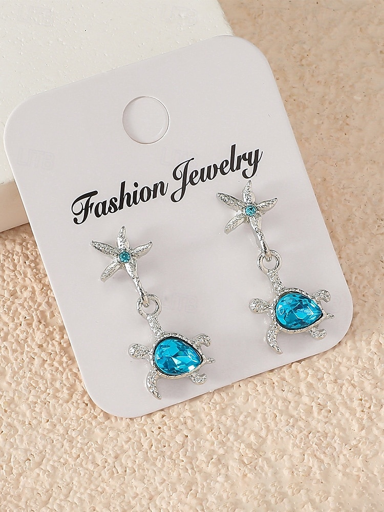 Pendientes colgantes de tortuga marina para mujer, de aleación de plata, con estrella de mar y cristal azul, ideales para vacaciones, cruceros, resorts, fiestas de verano y bodas costeras. 2026 - $7.99 –P5