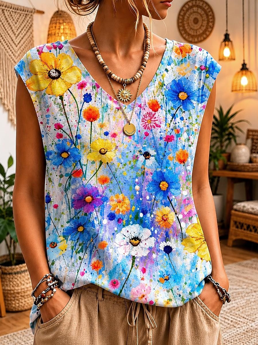 Per donna Canotta Stampato Floreale Grafico Vintage Elegante Casual Senza Maniche Scollo a V Top Regolari Casuale Quotidiano Abbigliamento da vacanza Blu Rosa Rosso Estate Primavera del 2026 a $19.99 –P1