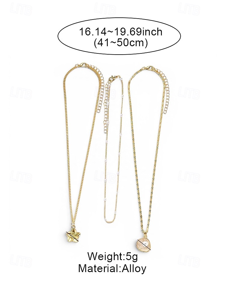 Women's 3PCS Layered Necklace Set, Gold Alloy & Faux Pearl Triple Strand Necklace with Flower and Shell Pendant, Elegant Summer Vacation Jewelry Gift 2026 - $7.99 –P6