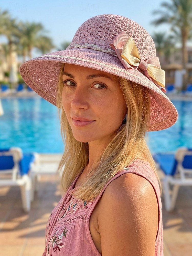 Chapéu de sol feminino de aba larga em tecido trançado com laço, elegante chapéu de palha multicolorido para o verão, chapéu leve para praia, férias, proteção solar, viagens e atividades ao ar livre. de 2026 por $11.99 –P4
