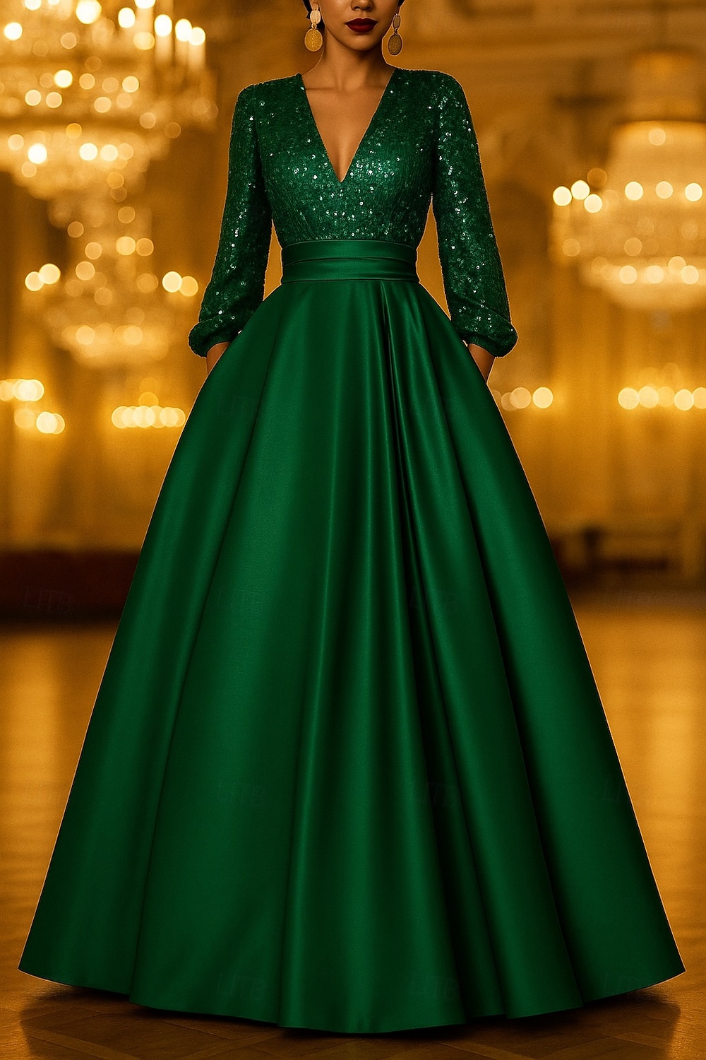 Linea ad A Lunghezza al pavimento Abito da Sera Da principessa Abito formale Elegante Scintillante Setoso Manica Lunga Scollo a V Matrimonio Formale Tasca Raso Con Paillettes con Glitter Pieghe Tasca del 2026 a $65.99 –P5