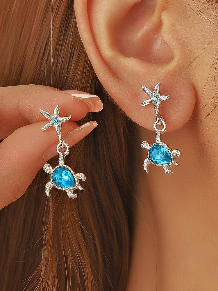 Pendientes colgantes de tortuga marina para mujer, de aleación de plata, con estrella de mar y cristal azul, ideales para vacaciones, cruceros, resorts, fiestas de verano y bodas costeras. 2026 - $7.99 –P3
