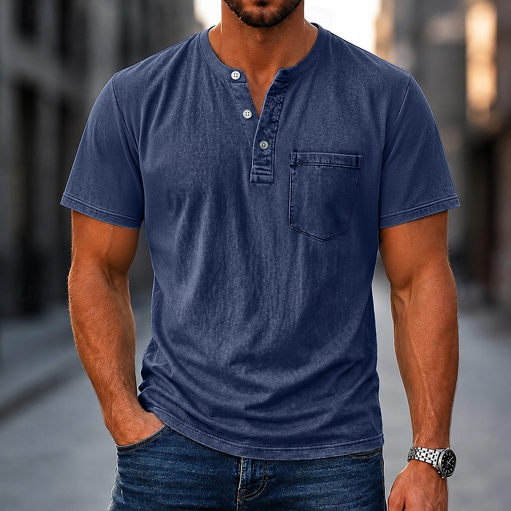 Men's Henley Shirt 100% Cotton Acid Wash Shirt T shirt Tee Short Sleeve Plain Retro Vintage Casual Distressed Vintage Style Washed Henley Casual Spring & Summer Summer Spring Black Light Green Pink 2026 - $31.99 –P13