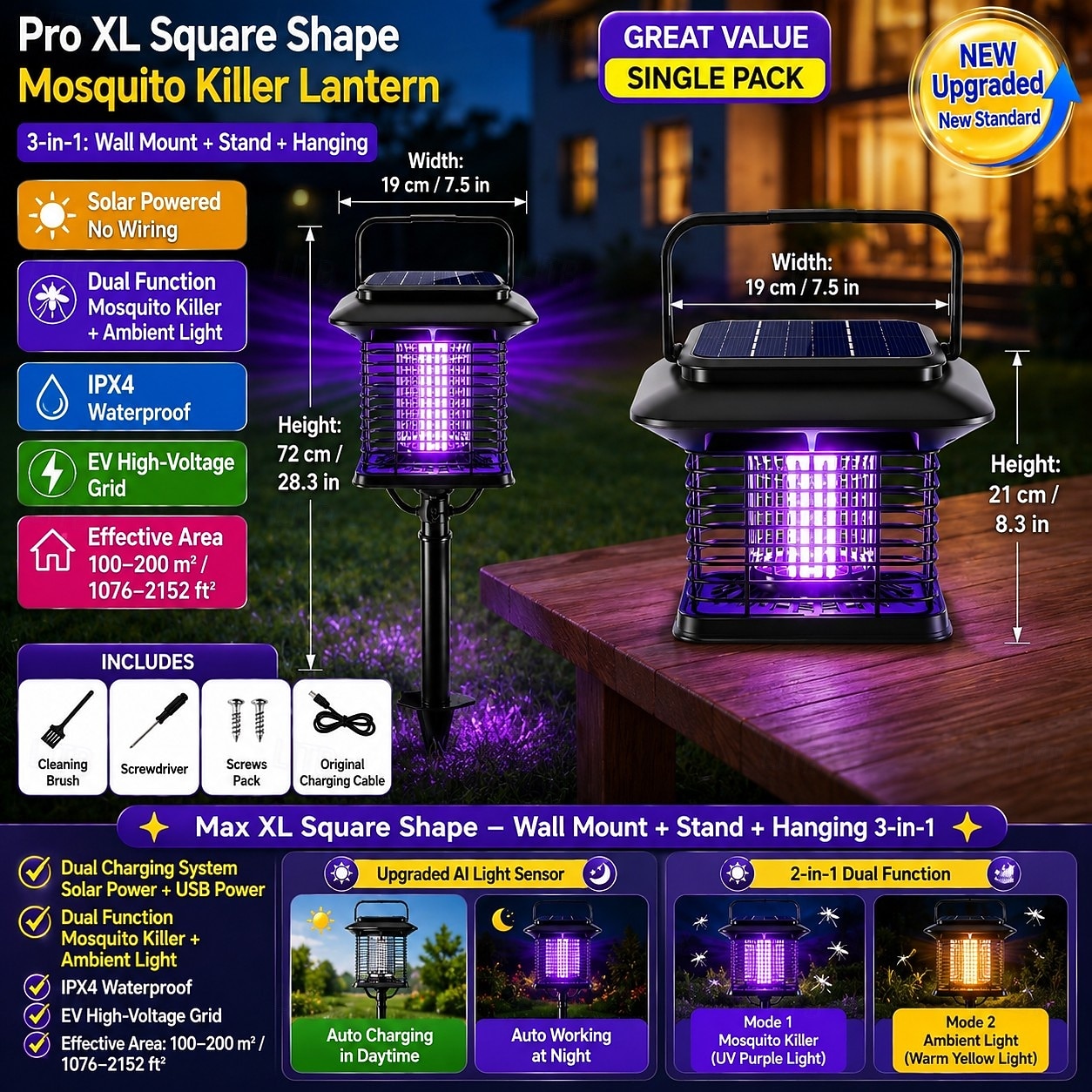 Solar Bug Zapper Outdoor, Solar Mosquito Zapper, Rechargeable Battery, Waterproof Electric Fly Zapper for Patio, Backyard, Garden, Camping 2026 - $35.99 –P1