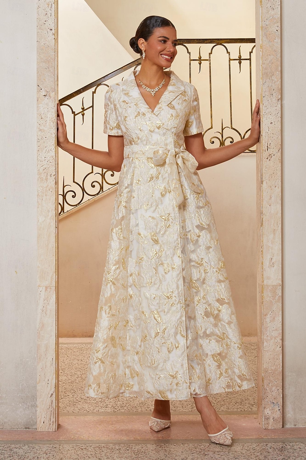 Damen A-Linie Cocktailkleid Kleid für Hochzeitsgäste Knöchellänge Revers Kurzarm Empire-Taille Elegant Vintage Mutter der Braut Formell mit Jacquard Gürtel Blumig Champagner 2026 - $179.99 –P2