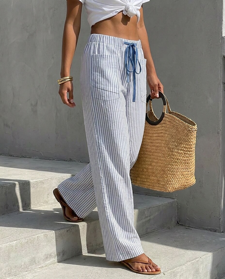 Women's Wide Leg Chinos Vacation Fashion Casual Daily Full Length Mid Waist Striped Comfort Inelastic Vacation Formal Blue Black Almond Red Summer Spring Loose Fit 2026 - $32.99 –P1