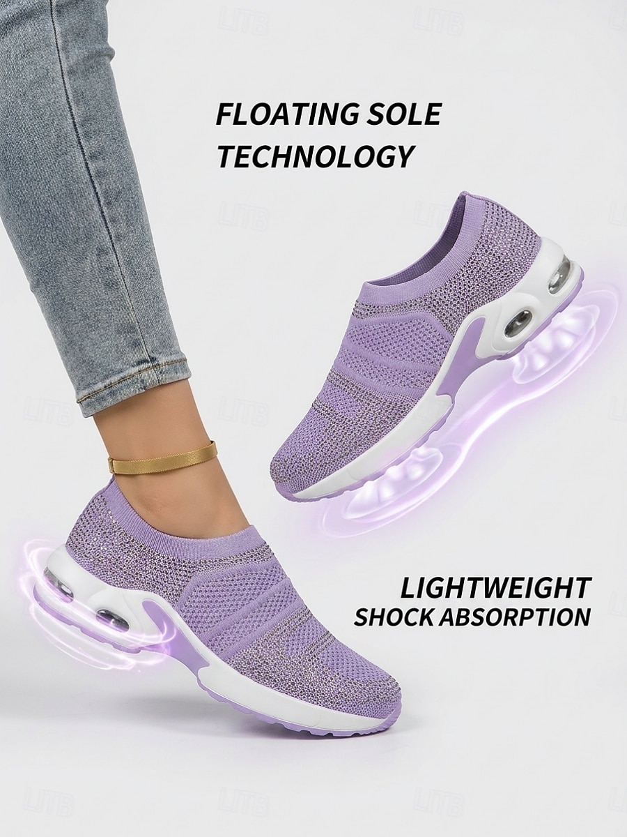 Teniși sport slip-on pentru femei, tricotați cu strasuri mov – pantofi sport respirabili cu pernă de aer și talpă ușoară care absoarbe șocurile, pentru călătorii, fitness și confort de zi cu zi 2026 - $32.99 –P1