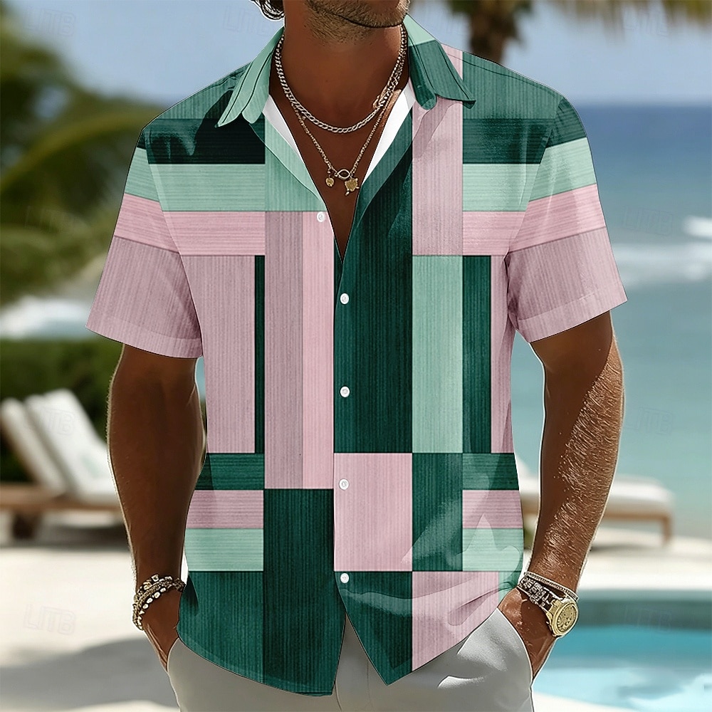 Hombre Geométrico Plaid Bloqueo de color Camisa Abotonar la camisa Manga Corta Moda informal Diario vacaciones en la playa Verano Primavera Cuello Vuelto Impresión 3D Camisa tipo lino Azul Piscina 2026 - $25.99 –P4